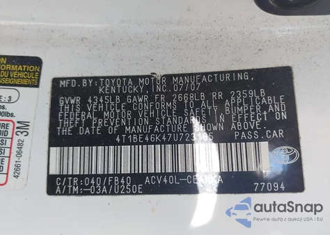 2007 Toyota Camry Ce из США, поврежденный, VIN 4T1BE46K47U723195